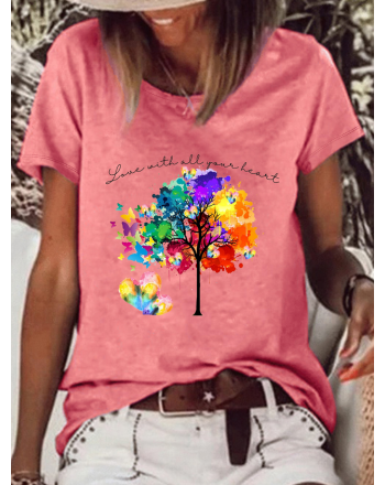 Vibrant Rainbow Tree Text Letters Casual T-Shirt