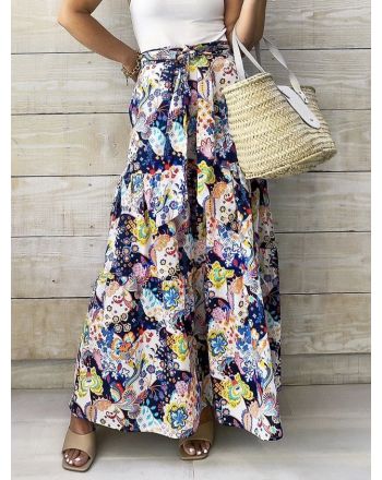 Casual Floral Loose Pocket Stitching Skirt With