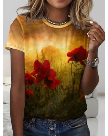 Women's Casual Crew Neck Red Floral T-Shirt