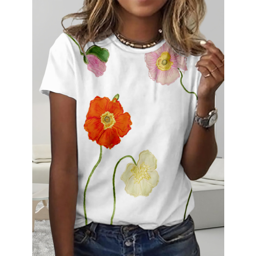 Regular Fit Simple Crew Neck Floral T-Shirt