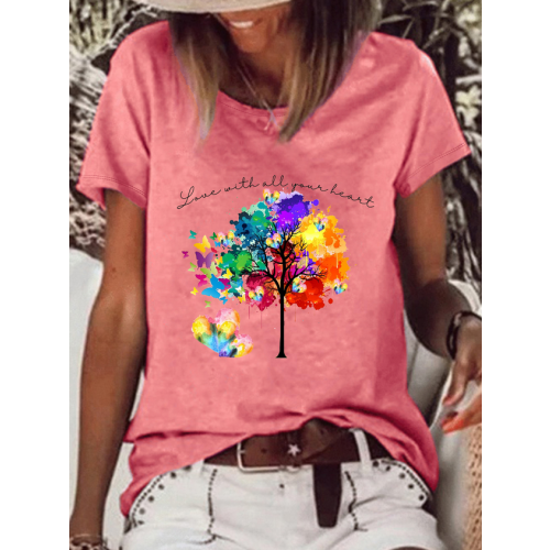 Vibrant Rainbow Tree Text Letters Casual T-Shirt