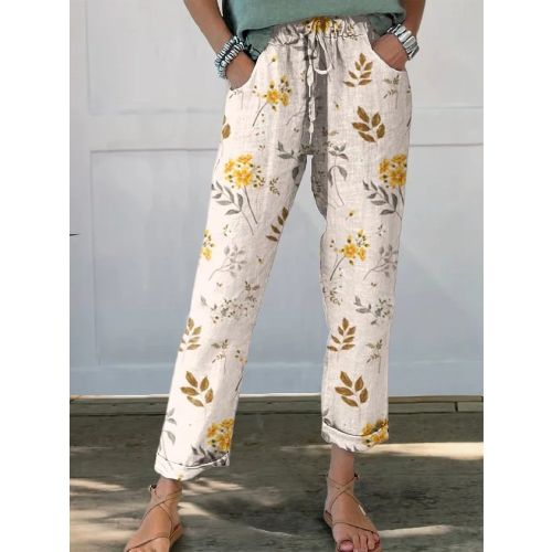 Loose Pocket Stitching Floral Casual Pants