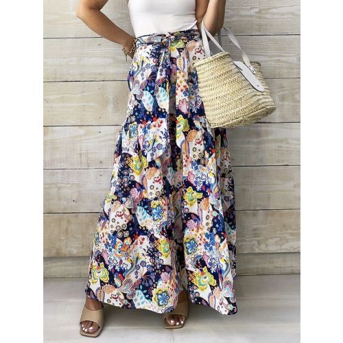 Casual Floral Loose Pocket Stitching Skirt With