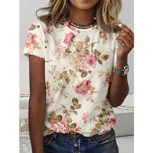 Simple Crew Neck Regular Fit Floral T-Shirt