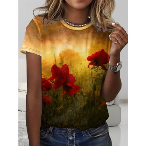 Women's Casual Crew Neck Red Floral T-Shirt